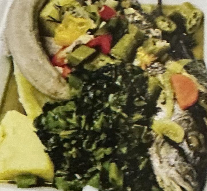 Fish with callaloo, okra and green banana